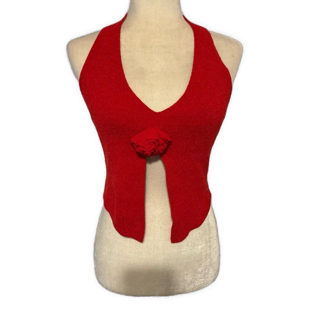 emory park red halter v neck crop knit Velvet Open Front top Small